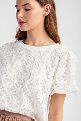 3D FLORAL PATCH CREW NECK TOP WITH PUFF SLEEVE DESIGN