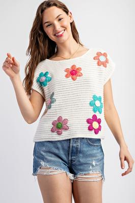 RIB KNITTING SWEATER SLEEVELESS TOP WITH CONTRAST FLOWER PATCHES