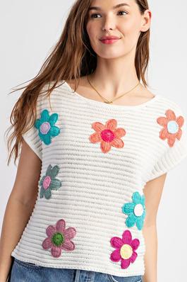 RIB KNITTING SWEATER SLEEVELESS TOP WITH CONTRAST FLOWER PATCHES