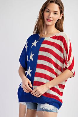 AMERICAN FLAG PRINTS STRIPES SLEEVELESS LIGHT WEIGHT KNITTING PULLOVER