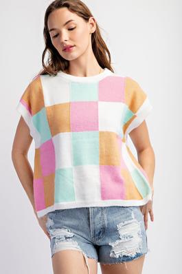 COLORFUL CHECKER SLEEVELESS KNITTING SWEATER PULLOVER TOP