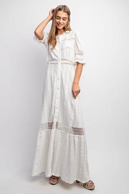 CHIC WOVEN MAXI BUTTON DOWN SHIRT DRESS WITH TRIM LACE DETAILS