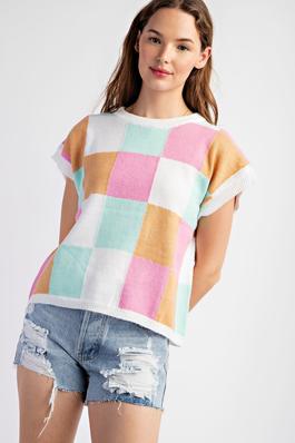 COLORFUL CHECKER SLEEVELESS KNITTING SWEATER PULLOVER TOP