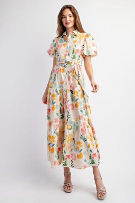 COTTON FLORAL PRINT SHIRT TIERED MAXI DRESS WITH PUFF SLEEVE DESIGN