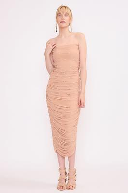 MESH TUBE MIDI DRESS WITH RUCHES AND PEARL TACKING