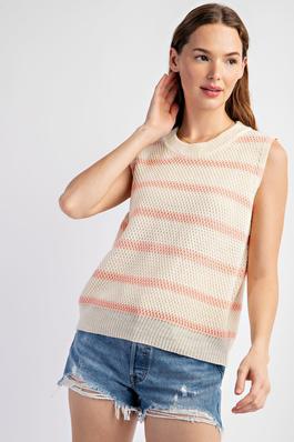 CLASSIC STRIPE WAFFLE SWEATER SLEEVELESS PULLOVER TOP