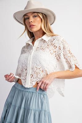 SCALLOP LACE CROP SHIRT WITH SHORT SLEEVE