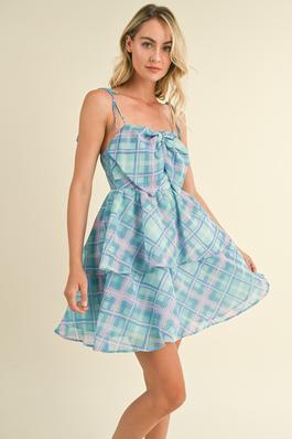 PLAID BOW FRONT TIERED LAYER MINI DRESS