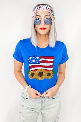 Patriotic American Flag Sunflowers Graphic Tee Top