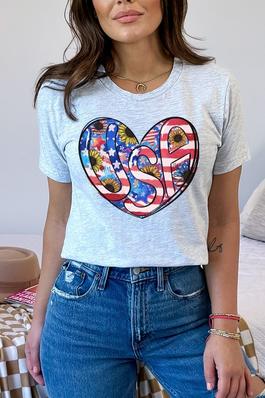 Patriotic American USA Heart Graphic Tee Top