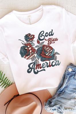 Patriotic God Bless America Floral Graphic Tee