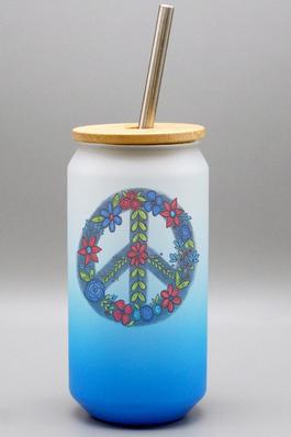 Patriotic Blue Floral Peace Sign Frosted Glass Cup