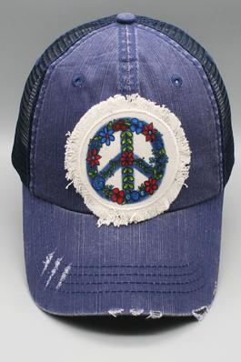 Patriotic USA Blue Floral Peace Sign Hat