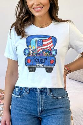 Patriotic God Bless the USA Blue Truck Graphic Tee