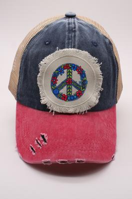 Patriotic Blue Floral Peace Distressed Hat