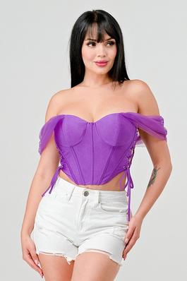 OFF THE SHOULDER SIDE LACE UP CONTRAST SLEEVE CORSET TOP