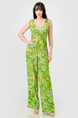 TROPICAL FLORAL SMOCKED BOW TIE STRAPS JUMPSUIT