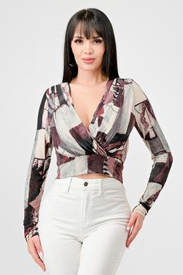 LUXE ABSTRACT ITY PRINT WRAP CROPPED BLOUSE TOP