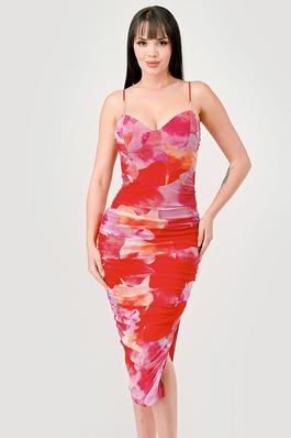 FLORAL MESH SWEETHEART CONTRAST RUCHED MIDI DRESS