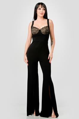 LUXE LACE CONTRAST SWEETHEART SLIT FLARE JUMPSUIT