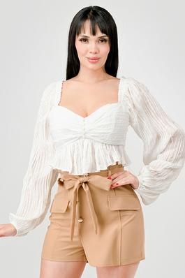 LUXE TEXTURE CHIFFON PEARL BUTTON DOWN CROP TOP