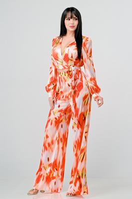 SATIN ABSTRACT PRINTED V NECK LONG SLEEVE JUMPSUIT