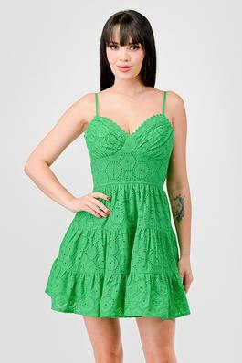EMBROIDERED EYELET WOVEN SMOCKED TIERED MINI DRESS