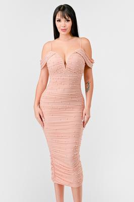 LUXE PEARL MESH COLD SHOULDER RUCHED MIDI DRESS