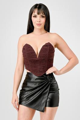 LUXE PEARL MESH HEART SHAPED BUSTIER CROPPED TOP