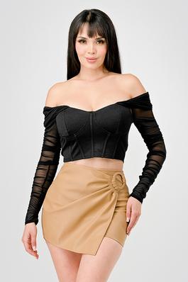 LUXE NYLON CONTRAST OFF SHOULDER SHEER LONG SLEEVES ZIPPER CLOSURE CROPPED TOP