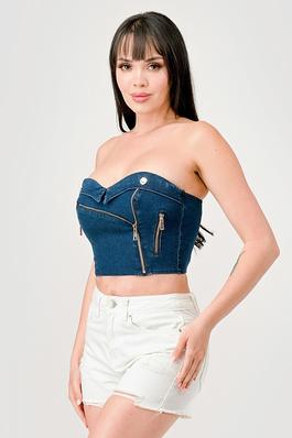 SEXY WASHED DENIM ZIPPER DETAIL BUSTIER TUBE TOP