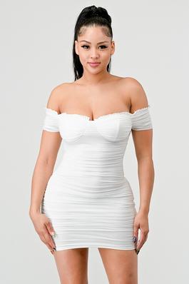 RUCHED OFF SHOULDER BODYCON MINI DRESS