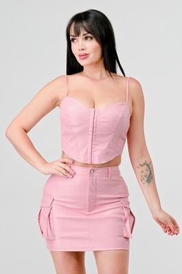 SEXY FAUX LEATHER CROPPED TOP AND SKIRT SET