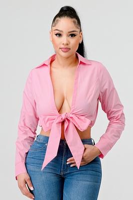CHIC POPLIN COLLARED OPEN FRONT TIE BLOUSE