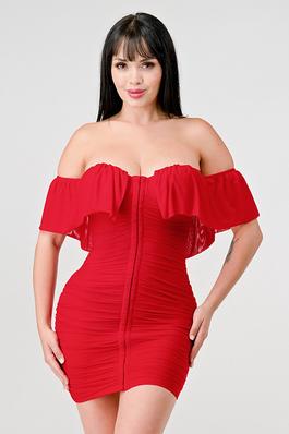 MESH OFF THE SHOULDER RUCHED BODYCON MINI DRESS