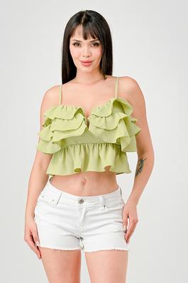 SEXY RUFFLED TIERED SMOCKED BACK CAMI CROPPED TOP