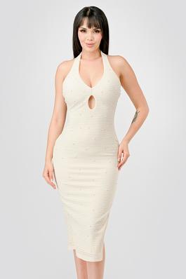 LUXE PEARL TEXTURE HALTERNECK BACKLESS MIDI DRESS