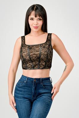 LUXE LACE CONTRAST SQUARE NECK CROPPED TANK TOP