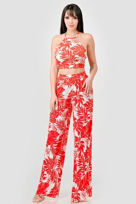 TROPICAL ITY PRINT HALTER CROPPED TOP & PANTS SET
