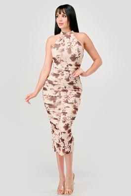 LUXE FLORAL PRINT MESH HALTER RUCHED MIDI DRESS