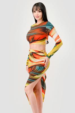 SEXY ABSTRACT PRINTED ITY CROP TOP & SKIRT SETS