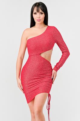 LUXE GLITTER ONE SHOULDER CUTOUT RUCHED MINI DRESS
