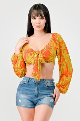 TROPICAL LEAF PRINT PEASANT KNOT FRONT TIE TOP