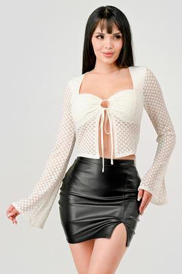 STRETCH LACE FRONT OPENED DRAWSTRING CROPPED TOP
