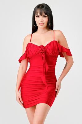 LUXE ROSE ROSETTE SWEETHEART RUCHED MINI DRESS