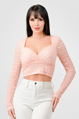TEXTURED SWEEETHEART LONG SLEEVES CROPPED TOP