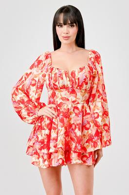 FLORAL PRINT SATIN RUCHED HEART RUFFLED ROMPER