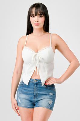 LUXE LACE TRIM SWEETHEART DRAWSTRING BOW CAMI TOP
