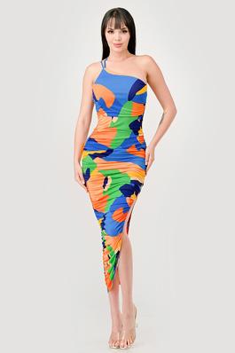 COLOR BLOCK PRINTED MESH RUCHED SLITTED MIDI DRESS