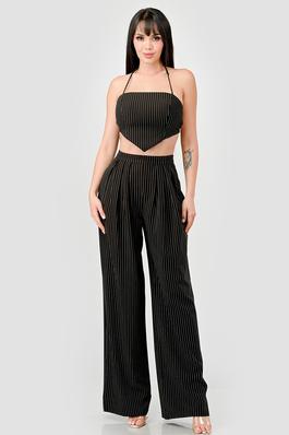 LUXE PINSTRIPE STRETCH WOVEN CROP TOP & PANTS SET